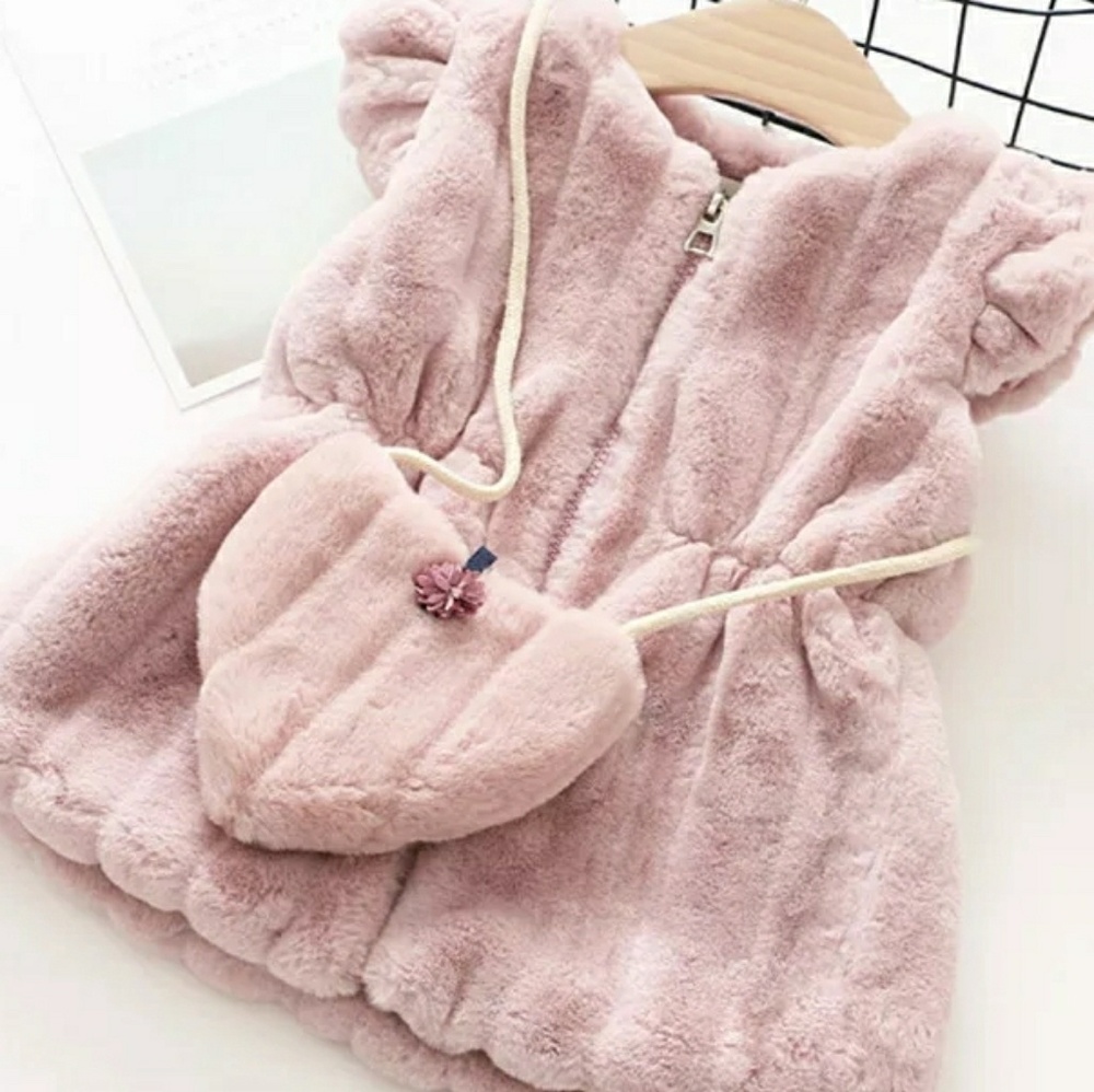Pink Fur Zip Up Vest Jacket with Purse Bag